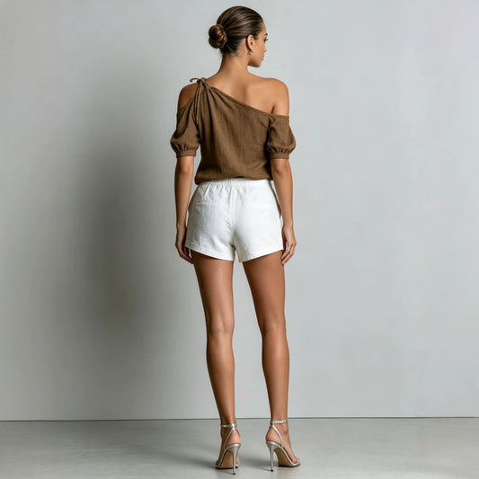 Chic Shoulder-Baring Short Sleeve Women's Casual Brown Linen-Cotton Blended Top eprolo