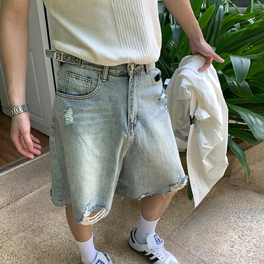 Washed distressed denim shorts for men eprolo