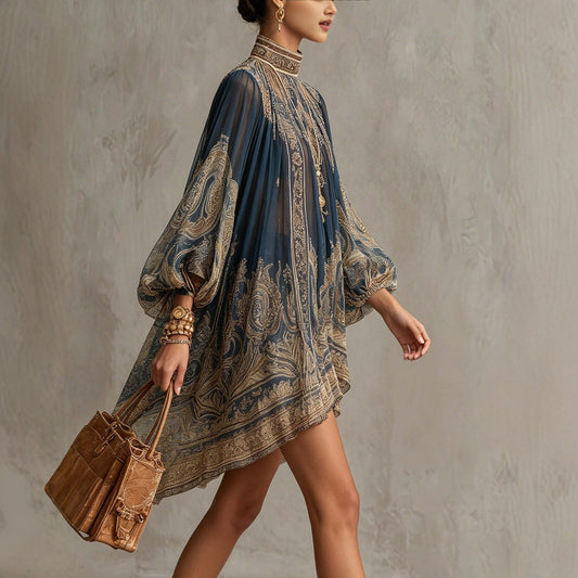 Printed Long Sleeve High Neck Loose Dress eprolo