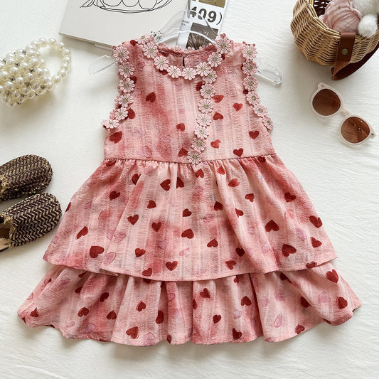 Cute Sleeveless Dress for Girls with Heart Print and Large Bow, Princess Style Summer Dress eprolo