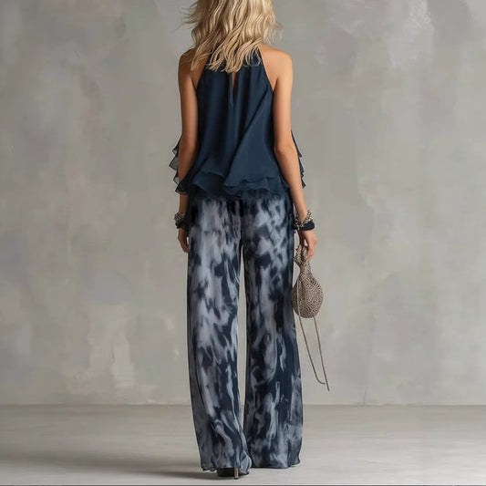 Sleeveless Halter Neck Top with Printed Wide Leg Pants Summer New Arrival eprolo