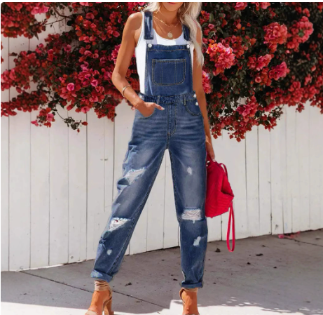 Cropped Blue Denim Overalls for Women with Ripped Details Casual FashionStrap Design, Perfect for Everyday Wear eprolo