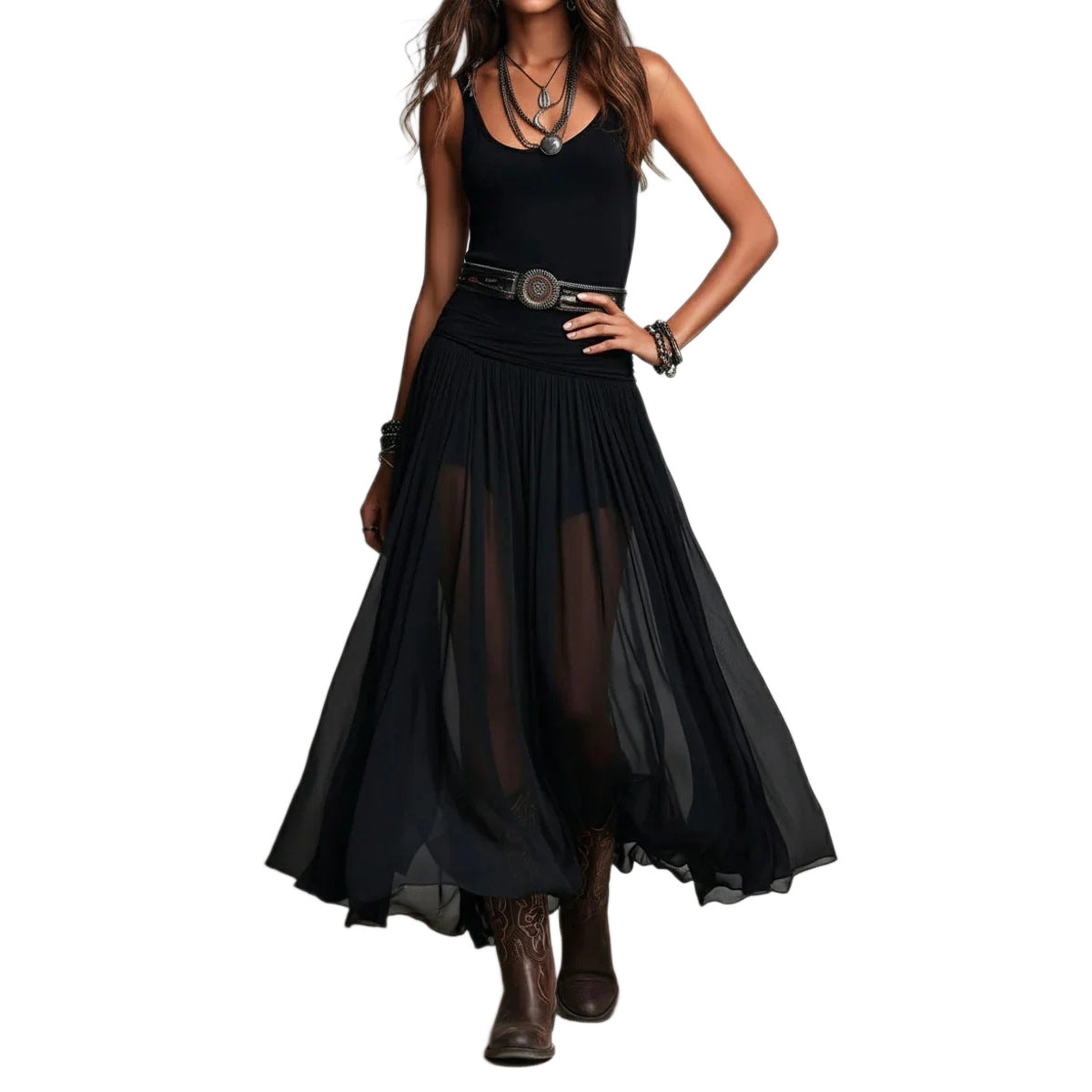 Summer New Black Strap Long Dress for Women, Mesh Dress with Belt eprolo