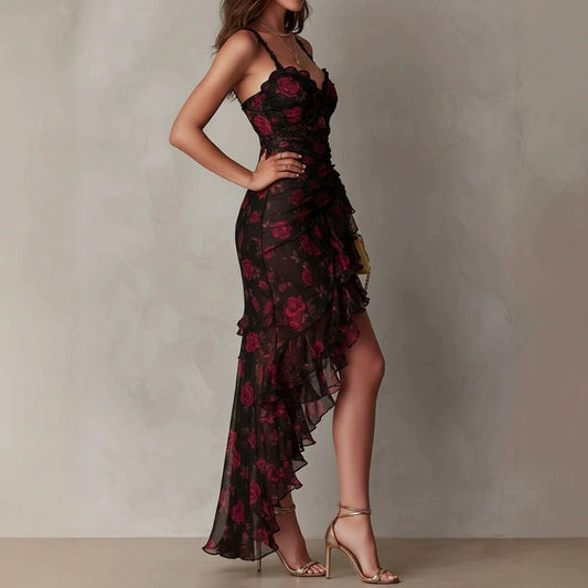 Style Floral Print Strap Irregular Ruffle Hem A-Line Dress eprolo