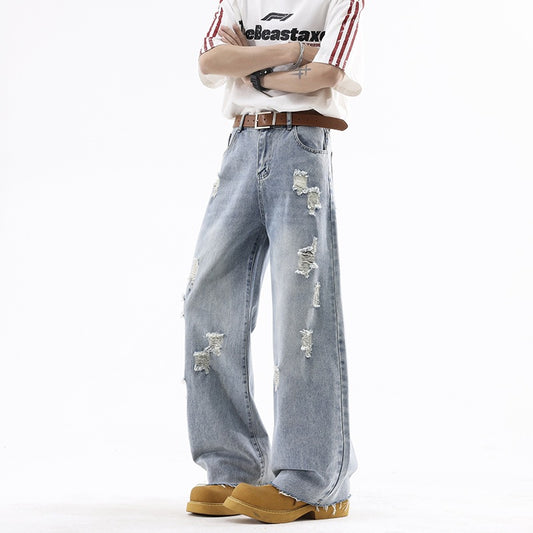 Street Style Ripped Denim Pants Men Lightweight Straight Loose eprolo