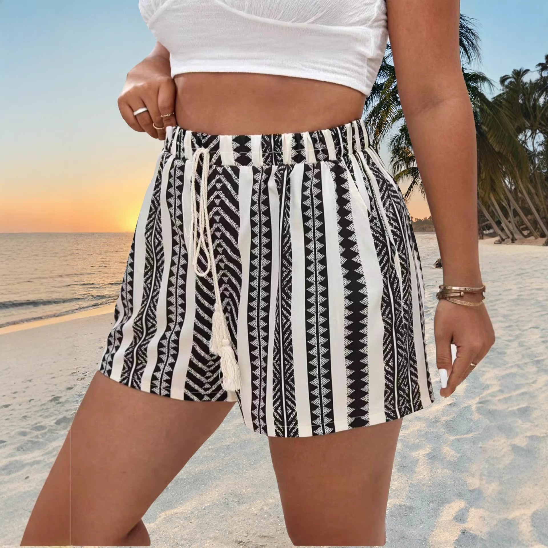 Oversized Women's Beach Vacation-Style Fringe Tie-Dye Printed Shorts for Plus Size eprolo