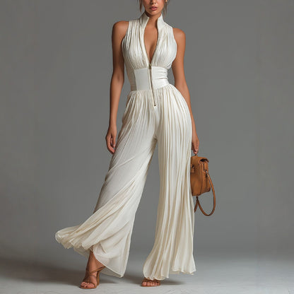 White Pleated Strap Neck Jumpsuit for Women, Long Wide Leg Fashion Sexy Folded Design eprolo