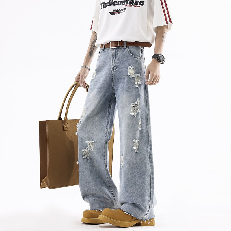 Street Style Ripped Denim Pants Men Lightweight Straight Loose eprolo