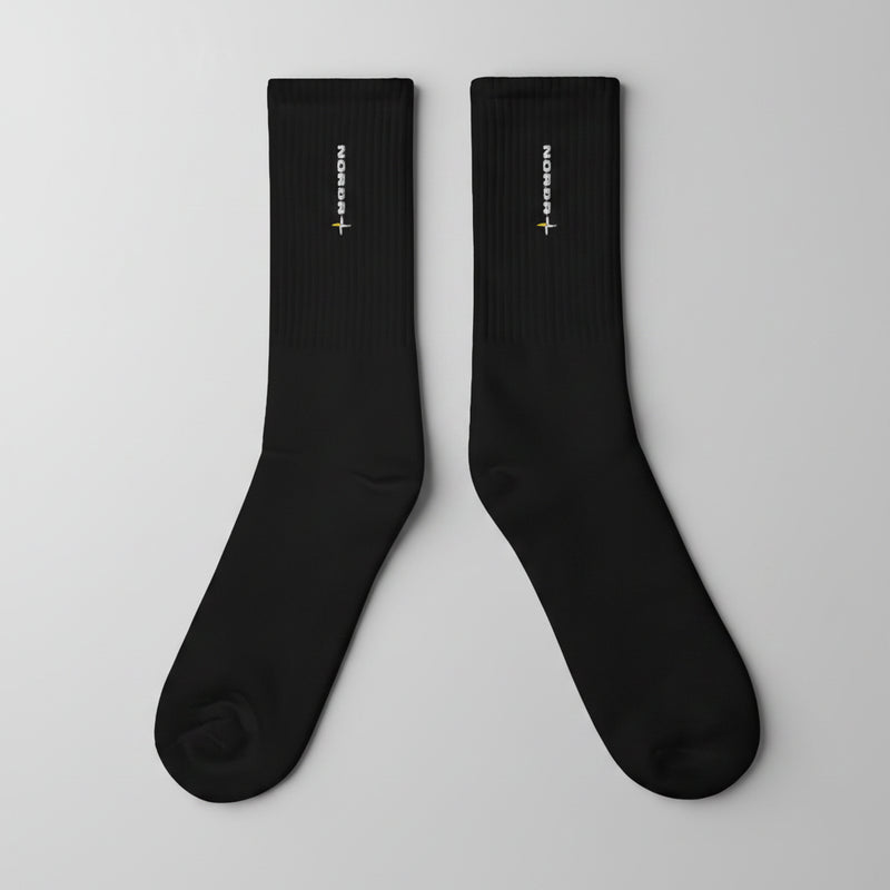 SUÐR '26 Embroidered Crew Socks - Black & Heather Grey