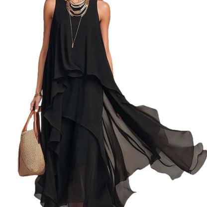 Chic Flowy Black Sleeveless Asymmetrical Chiffon Long Dress eprolo