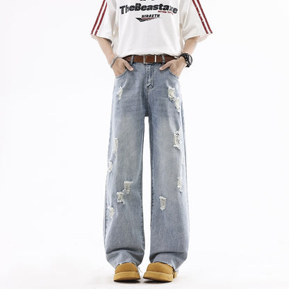 Street Style Ripped Denim Pants Men Lightweight Straight Loose eprolo