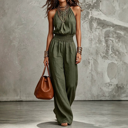 Sleeveless Backless Waist-Tie Halter Wide-Leg Jumpsuit for Women eprolo