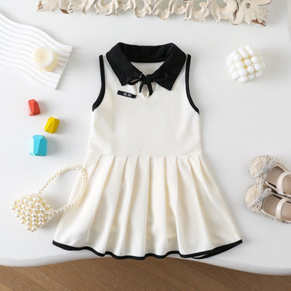 Sleeveless Turn-down Collar Bow Vest Dress for Girls Casual Pleated Skirt eprolo