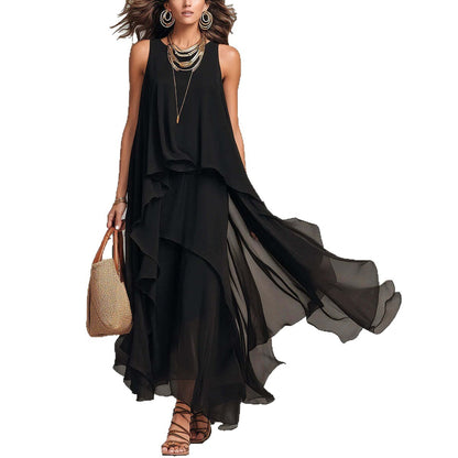 Chic Flowy Black Sleeveless Asymmetrical Chiffon Long Dress eprolo