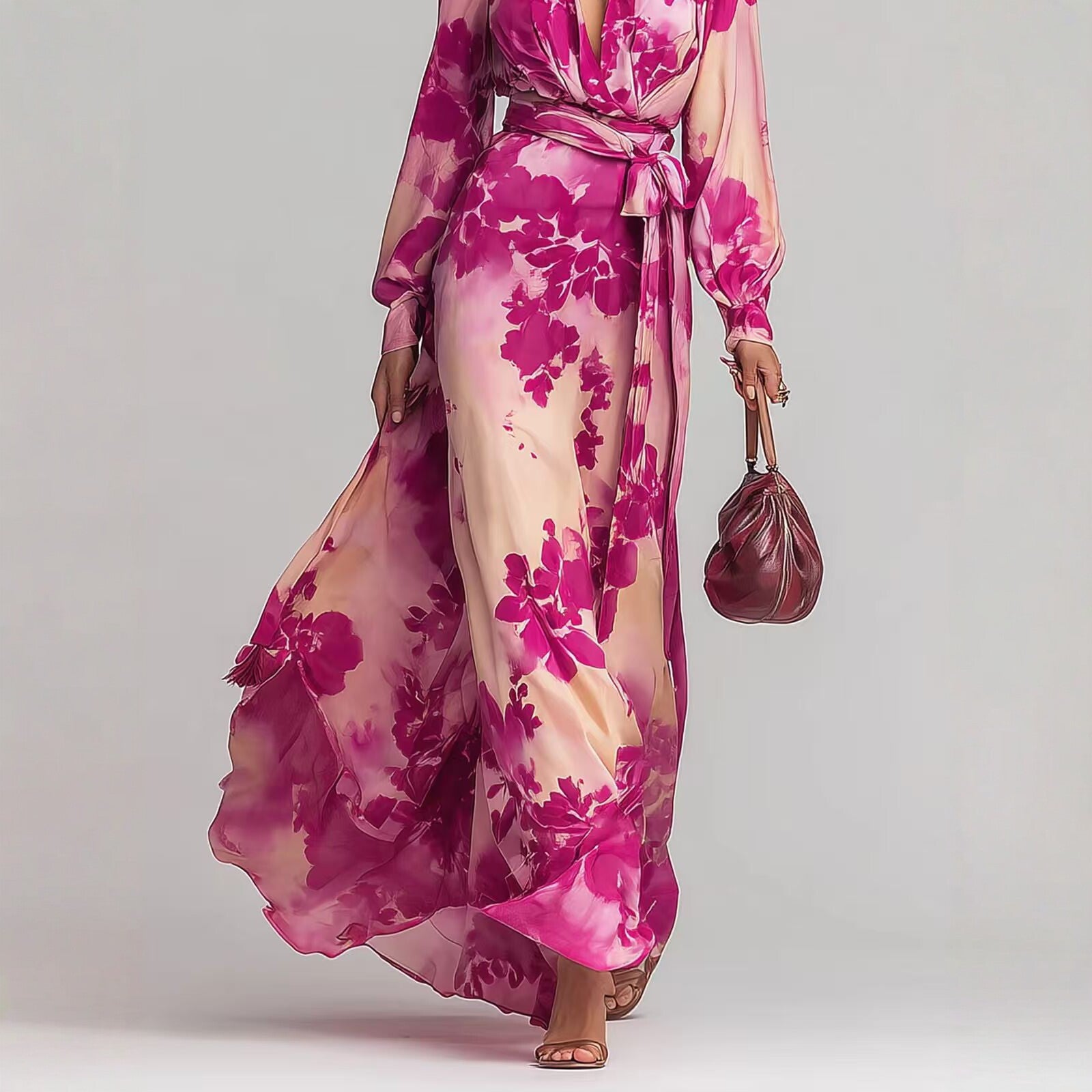 Printed Chiffon Long Sleeve V-Neck Tie-Up Dress Elegant Chic Spring New Long Dress eprolo