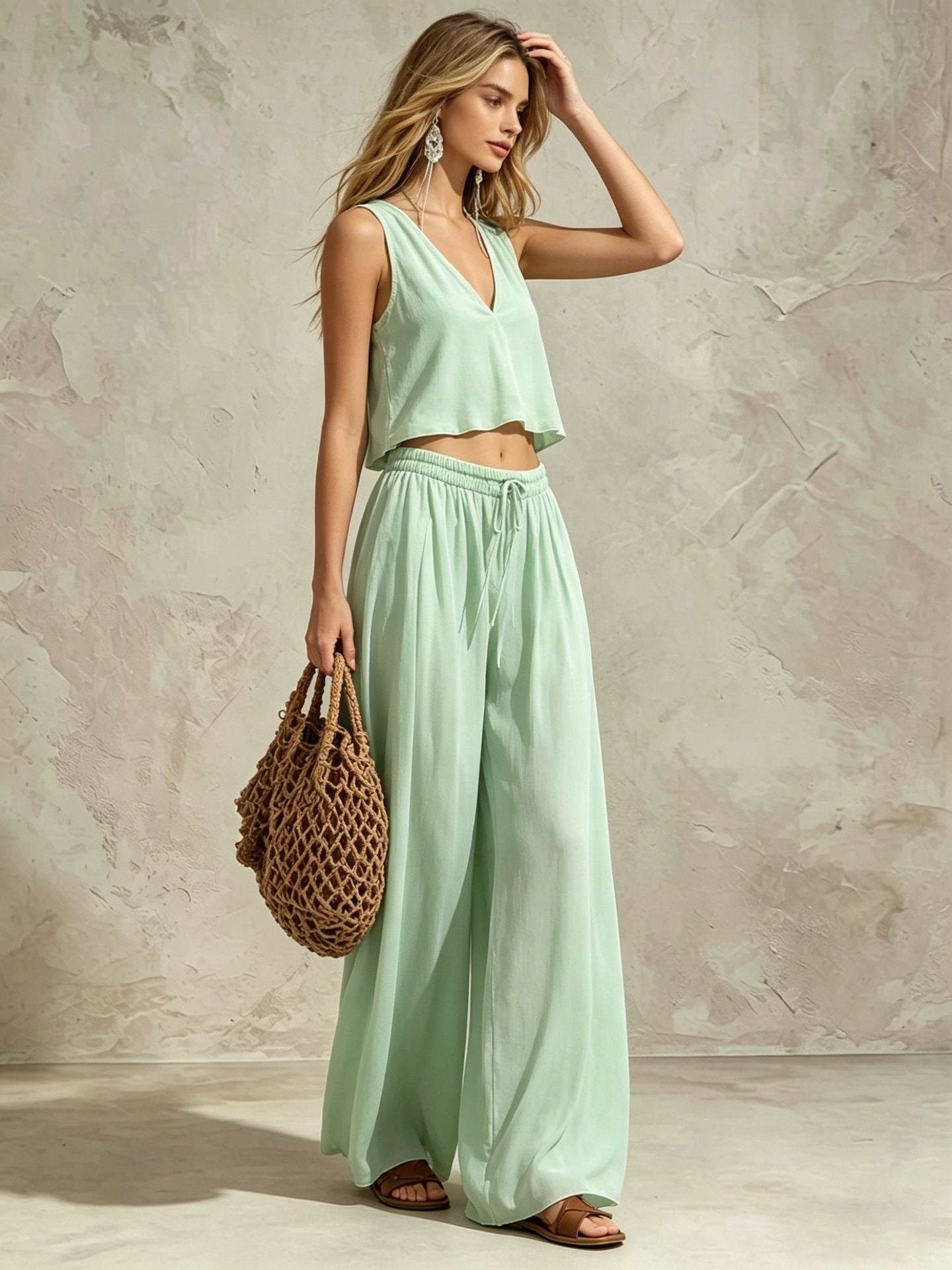 V-neck solid color sleeveless camisole top wide leg pants set eprolo
