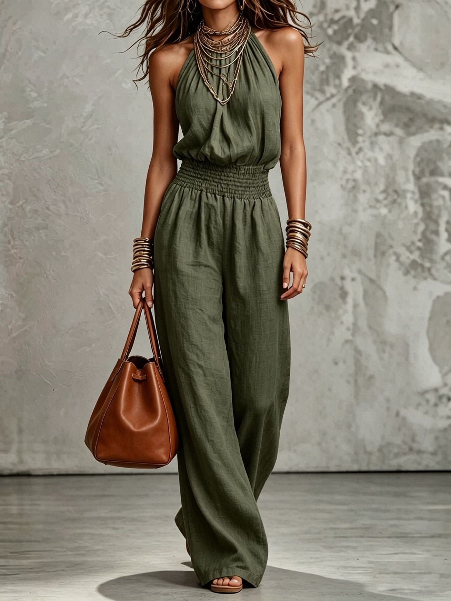 Sleeveless Backless Waist-Tie Halter Wide-Leg Jumpsuit for Women eprolo