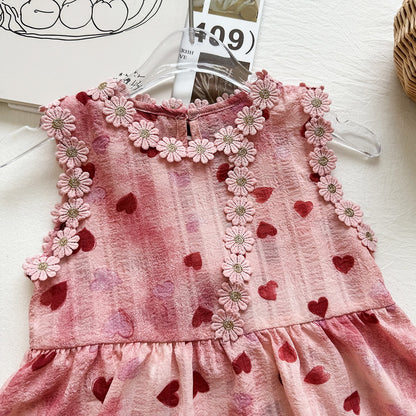 Cute Sleeveless Dress for Girls with Heart Print and Large Bow, Princess Style Summer Dress eprolo