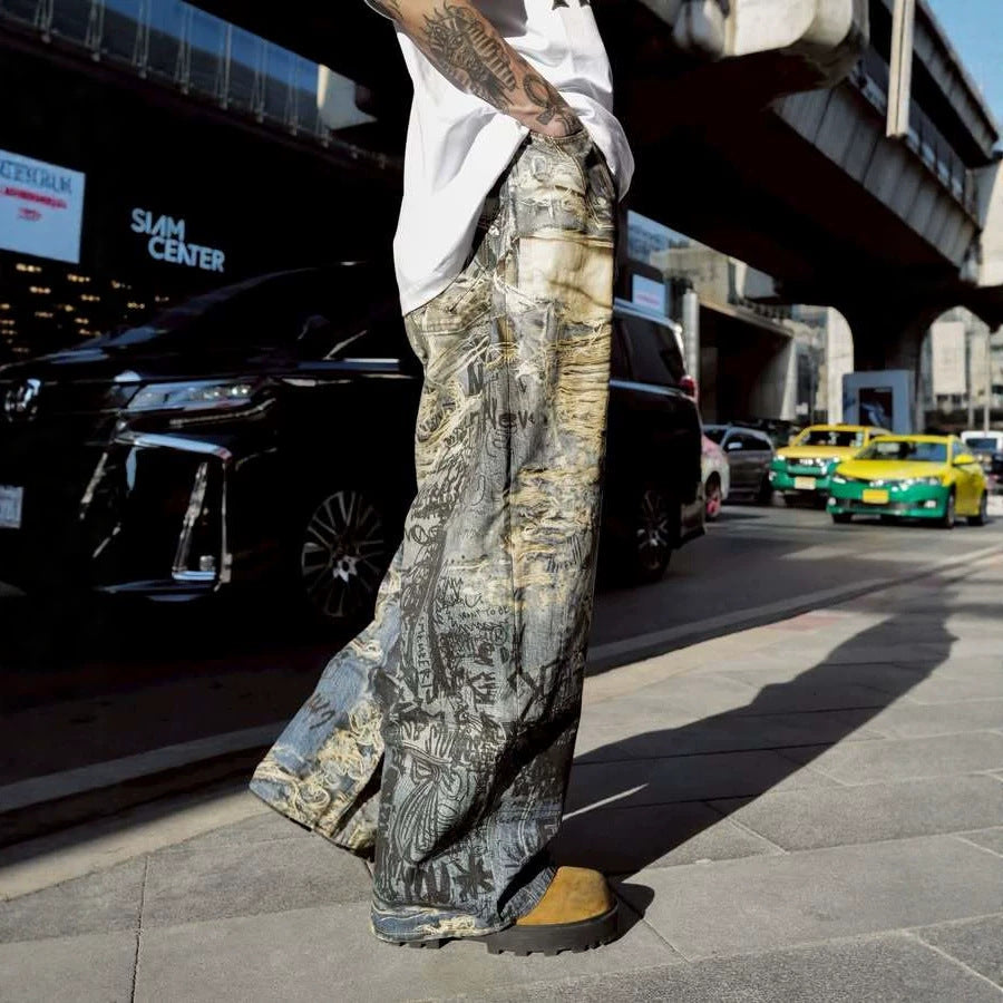 Streetwear Graffiti Distressed 3D Print Straight Leg Jeans for Men eprolo