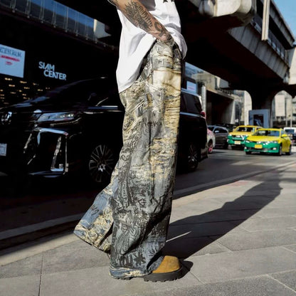 Streetwear Graffiti Distressed 3D Print Straight Leg Jeans for Men eprolo