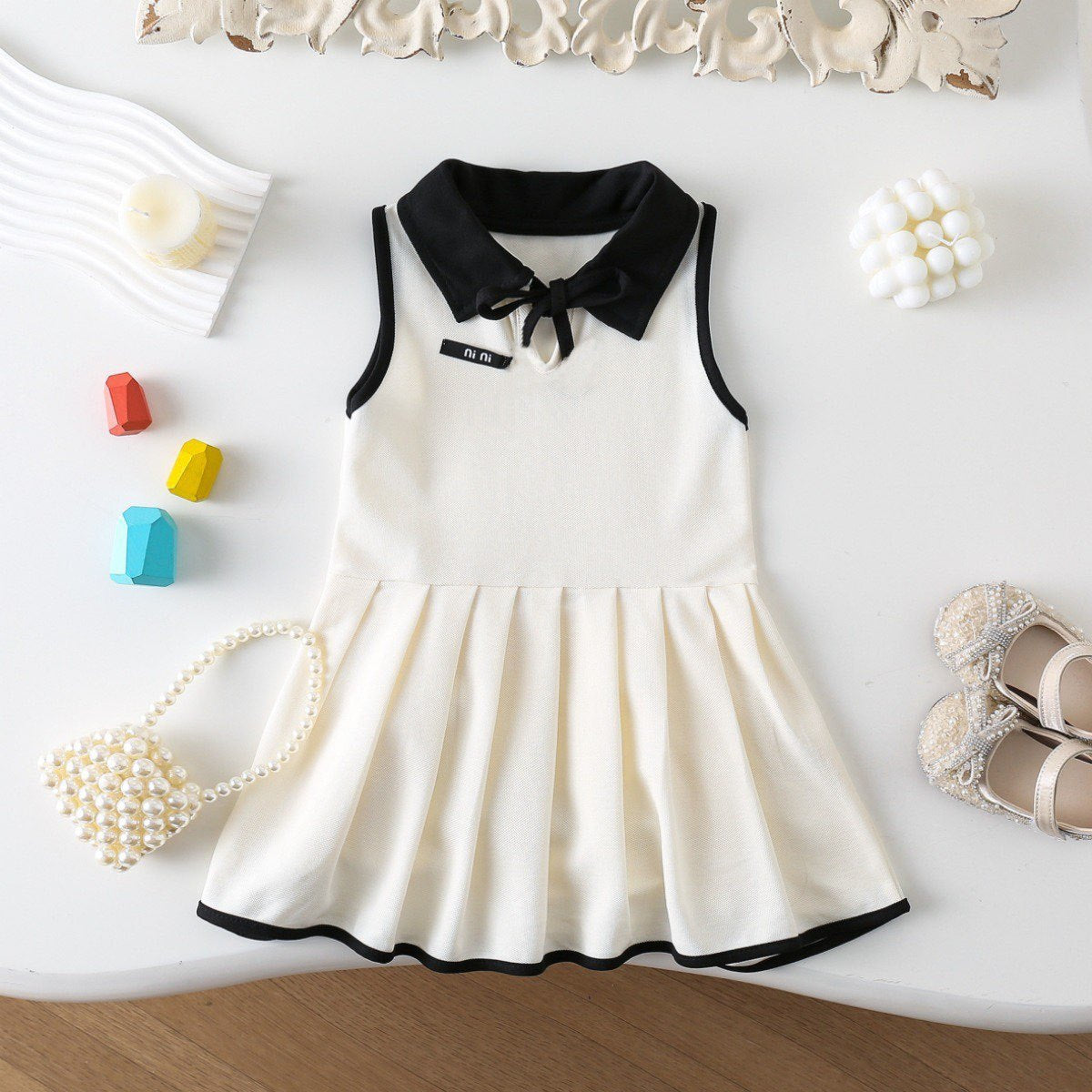 Sleeveless Turn-down Collar Bow Vest Dress for Girls Casual Pleated Skirt eprolo