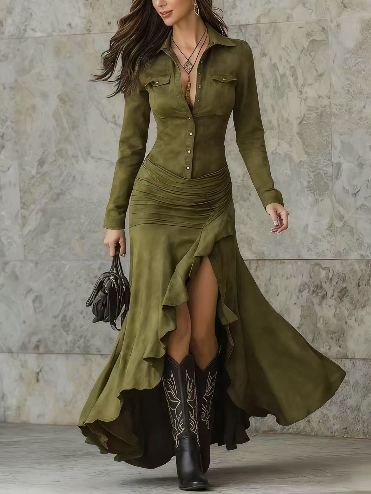 Elegant Zipper Stand Collar Slit Long Dress with Slim Fit eprolo