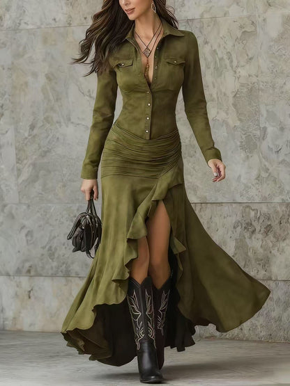 Elegant Zipper Stand Collar Slit Long Dress with Slim Fit eprolo