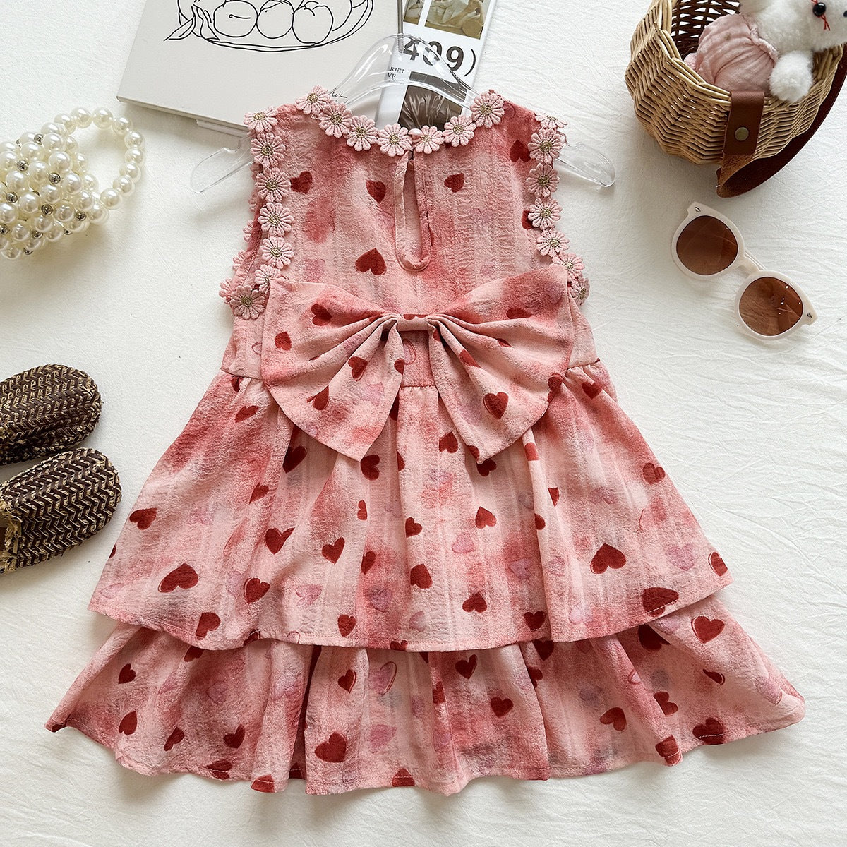 Cute Sleeveless Dress for Girls with Heart Print and Large Bow, Princess Style Summer Dress eprolo