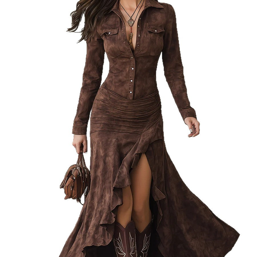 Elegant Zipper Stand Collar Slit Long Dress with Slim Fit eprolo