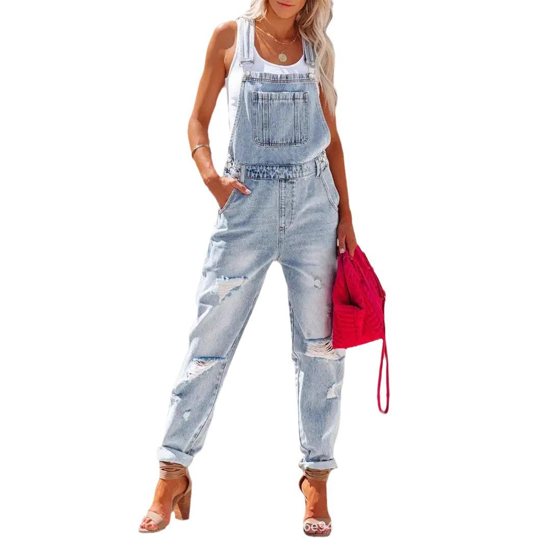 Cropped Blue Denim Overalls for Women with Ripped Details Casual FashionStrap Design, Perfect for Everyday Wear eprolo
