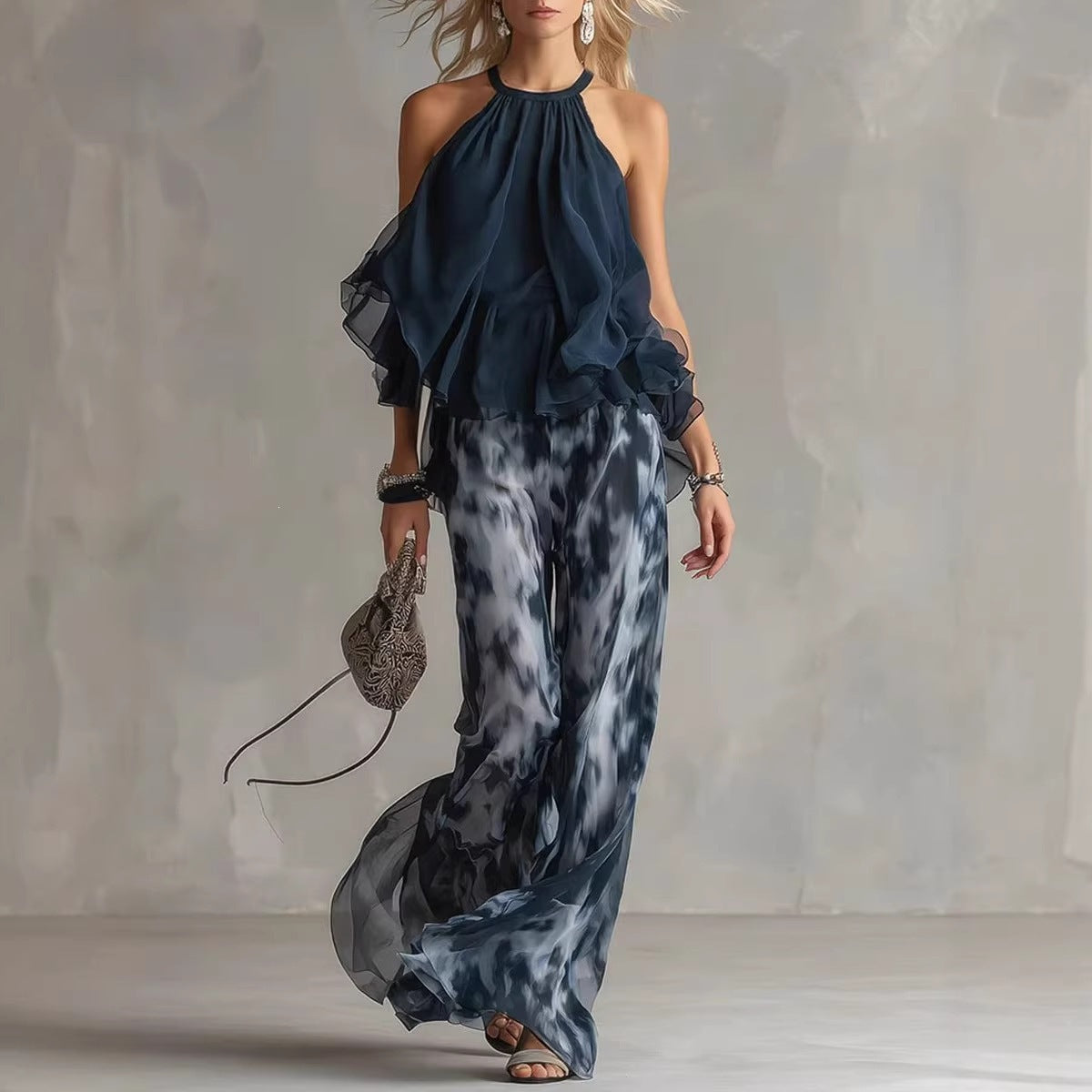 Sleeveless Halter Neck Top with Printed Wide Leg Pants Summer New Arrival eprolo