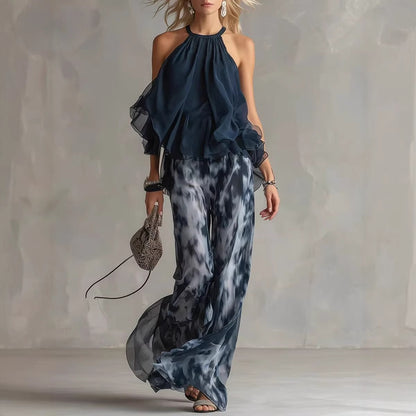 Sleeveless Halter Neck Top with Printed Wide Leg Pants Summer New Arrival eprolo
