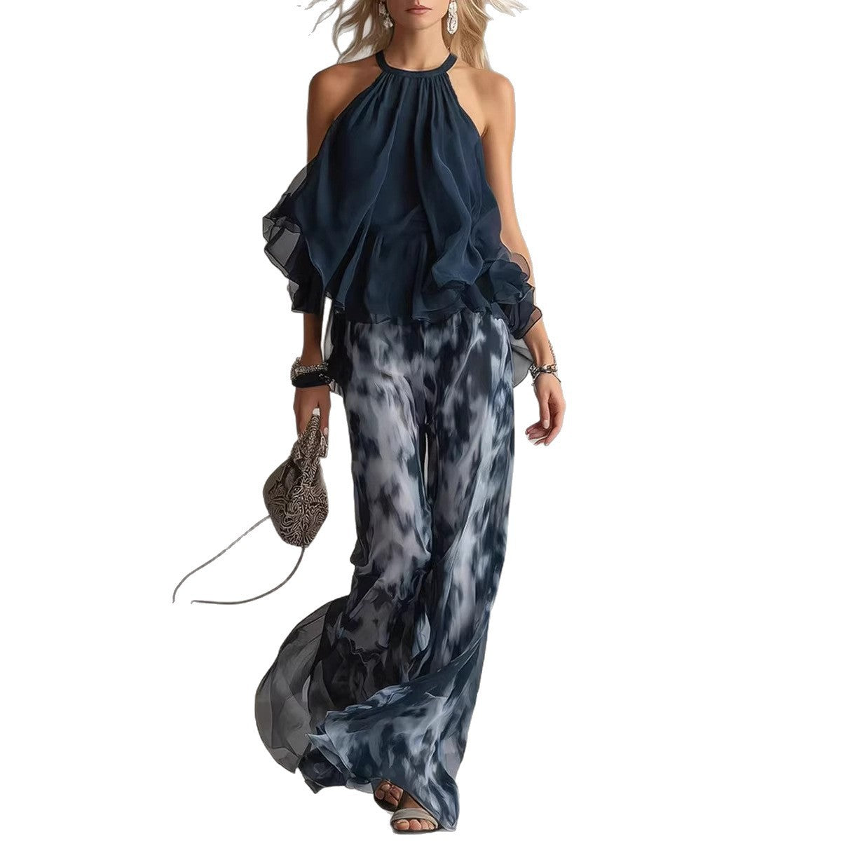 Sleeveless Halter Neck Top with Printed Wide Leg Pants Summer New Arrival eprolo