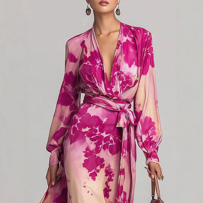 Printed Chiffon Long Sleeve V-Neck Tie-Up Dress Elegant Chic Spring New Long Dress eprolo