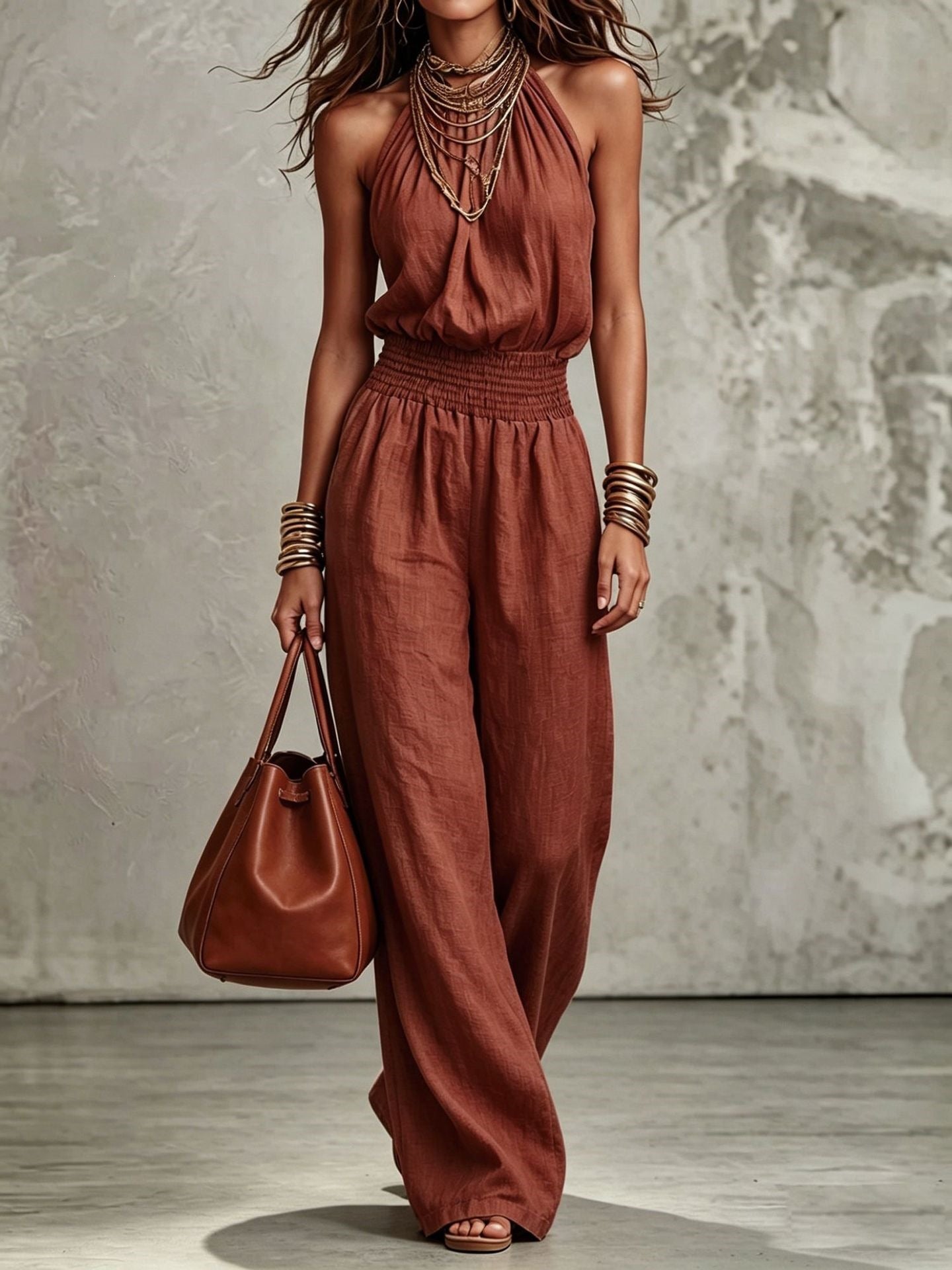 Sleeveless Backless Waist-Tie Halter Wide-Leg Jumpsuit for Women eprolo