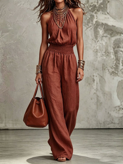 Sleeveless Backless Waist-Tie Halter Wide-Leg Jumpsuit for Women eprolo