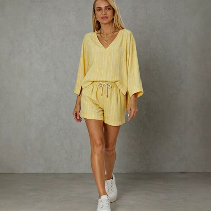 Loose V-neck long sleeved shorts striped set eprolo