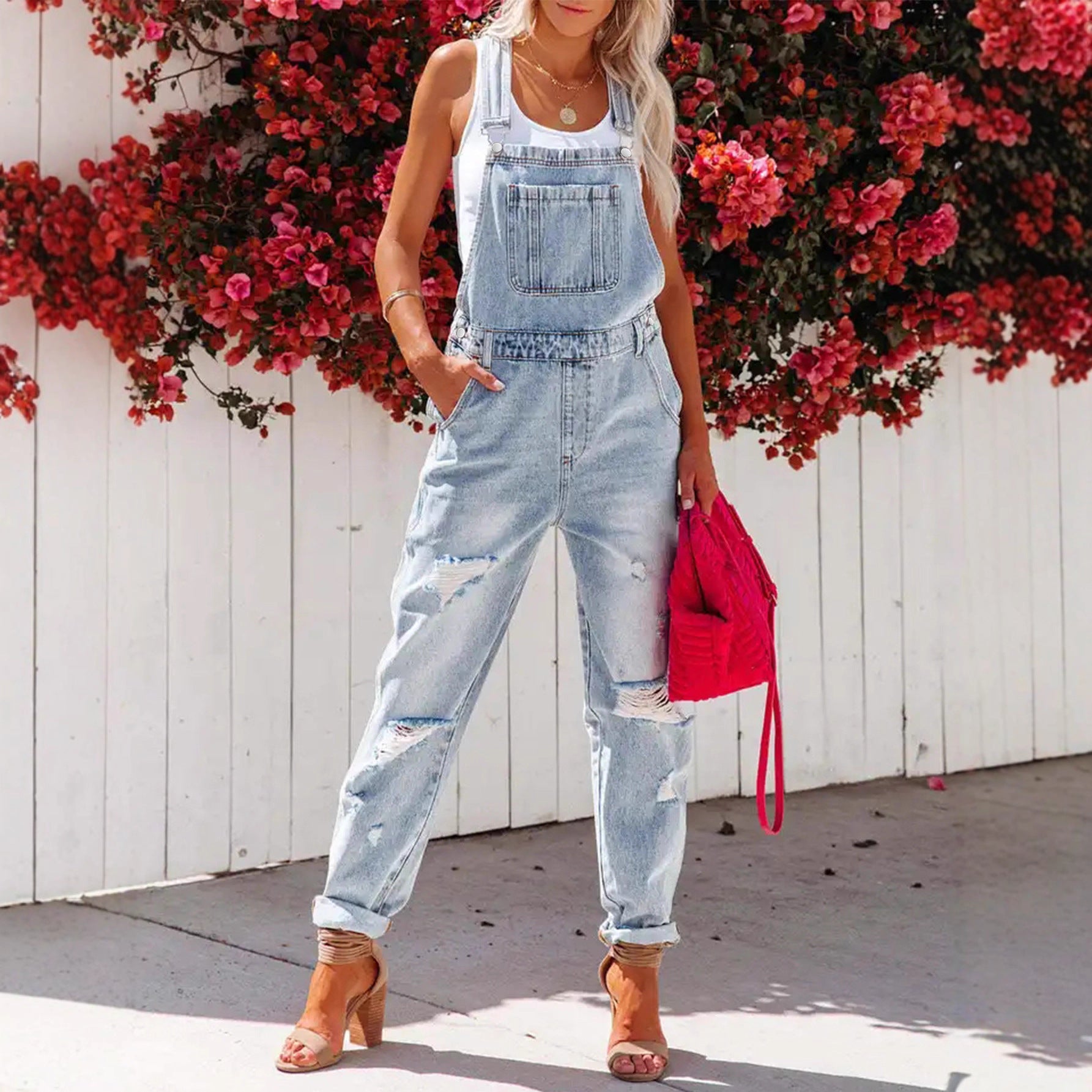 Cropped Blue Denim Overalls for Women with Ripped Details Casual FashionStrap Design, Perfect for Everyday Wear eprolo