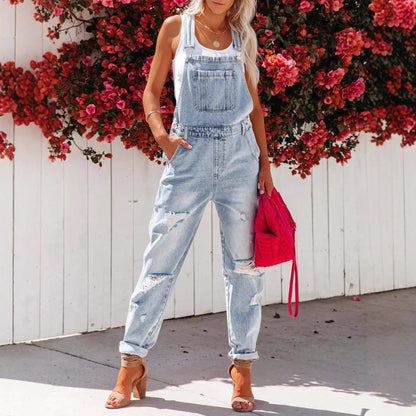 Cropped Blue Denim Overalls for Women with Ripped Details Casual FashionStrap Design, Perfect for Everyday Wear eprolo