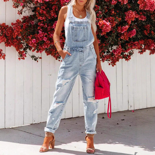 Cropped Blue Denim Overalls for Women with Ripped Details Casual FashionStrap Design, Perfect for Everyday Wear eprolo