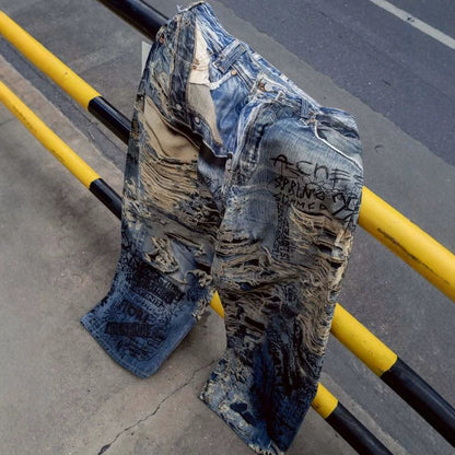 Streetwear Graffiti Distressed 3D Print Straight Leg Jeans for Men eprolo