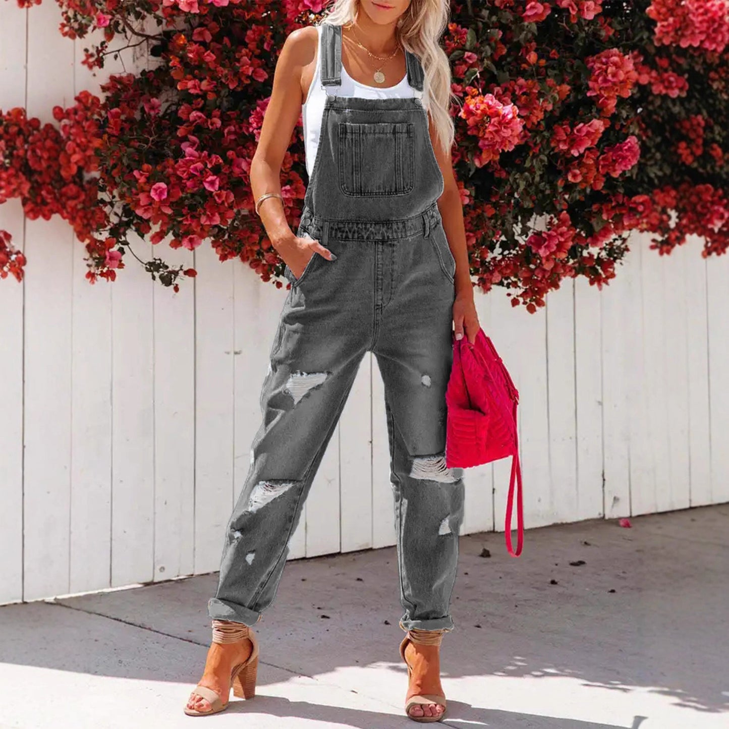 Cropped Blue Denim Overalls for Women with Ripped Details Casual FashionStrap Design, Perfect for Everyday Wear eprolo