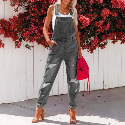 Cropped Blue Denim Overalls for Women with Ripped Details Casual FashionStrap Design, Perfect for Everyday Wear eprolo