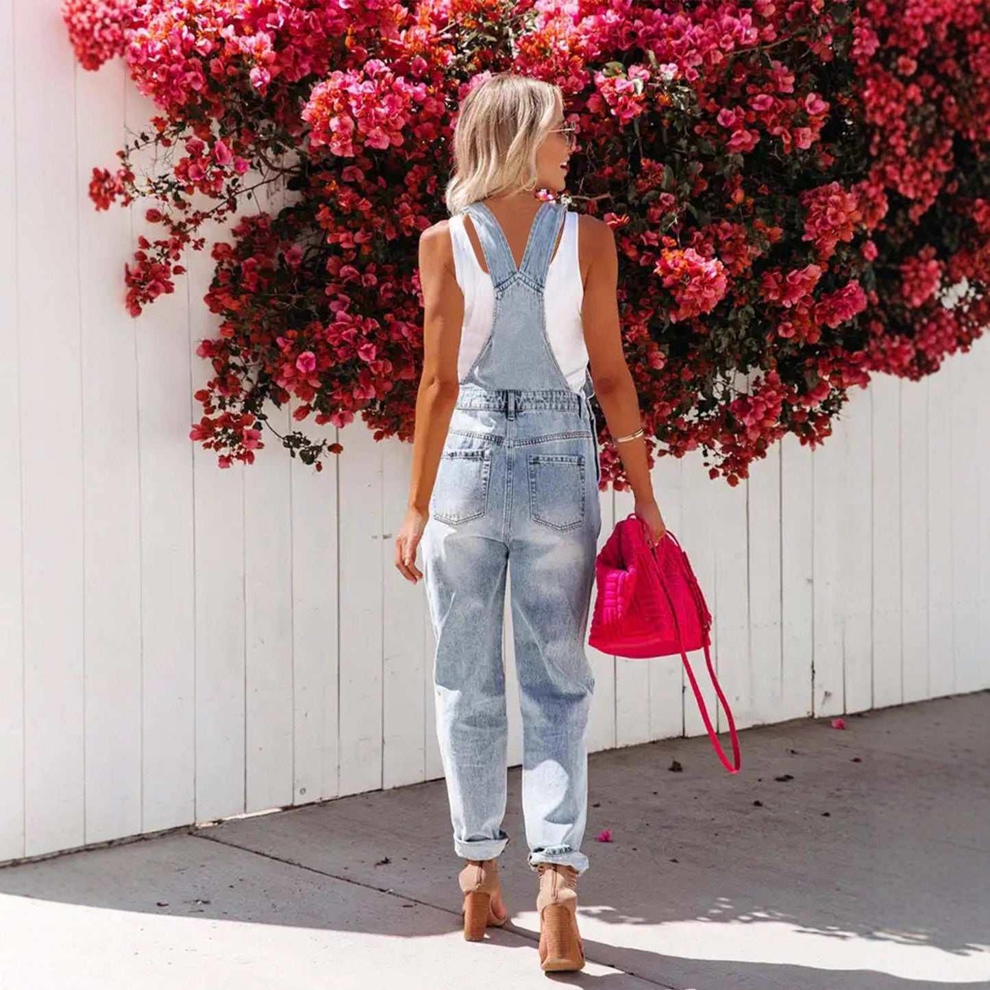 Cropped Blue Denim Overalls for Women with Ripped Details Casual FashionStrap Design, Perfect for Everyday Wear eprolo
