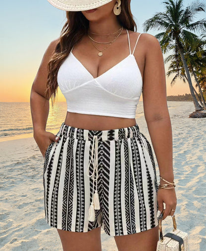 Oversized Women's Beach Vacation-Style Fringe Tie-Dye Printed Shorts for Plus Size eprolo