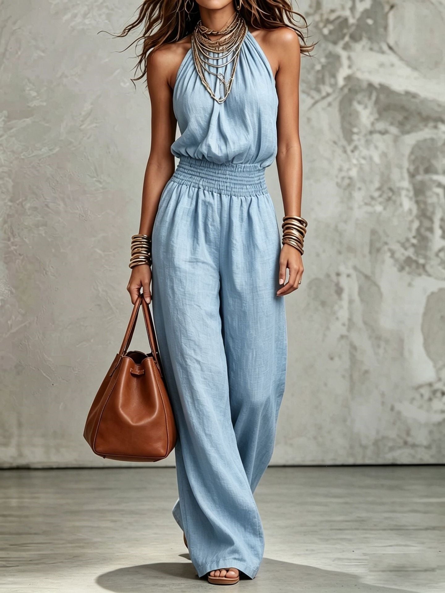 Sleeveless Backless Waist-Tie Halter Wide-Leg Jumpsuit for Women eprolo