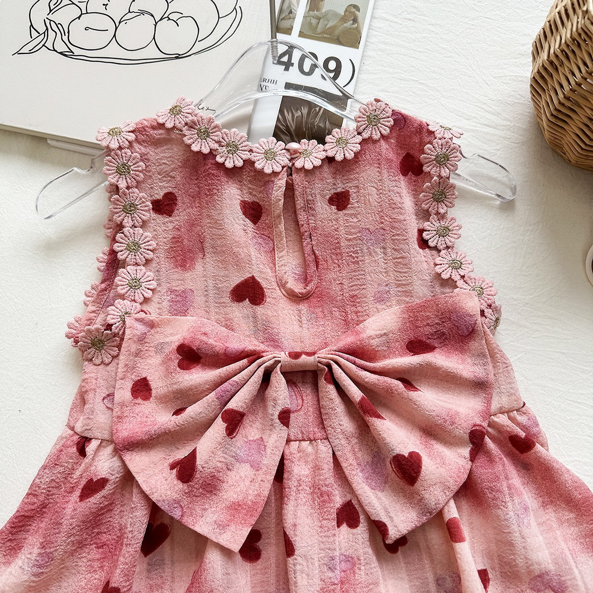 Cute Sleeveless Dress for Girls with Heart Print and Large Bow, Princess Style Summer Dress eprolo