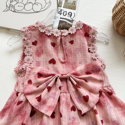 Cute Sleeveless Dress for Girls with Heart Print and Large Bow, Princess Style Summer Dress eprolo