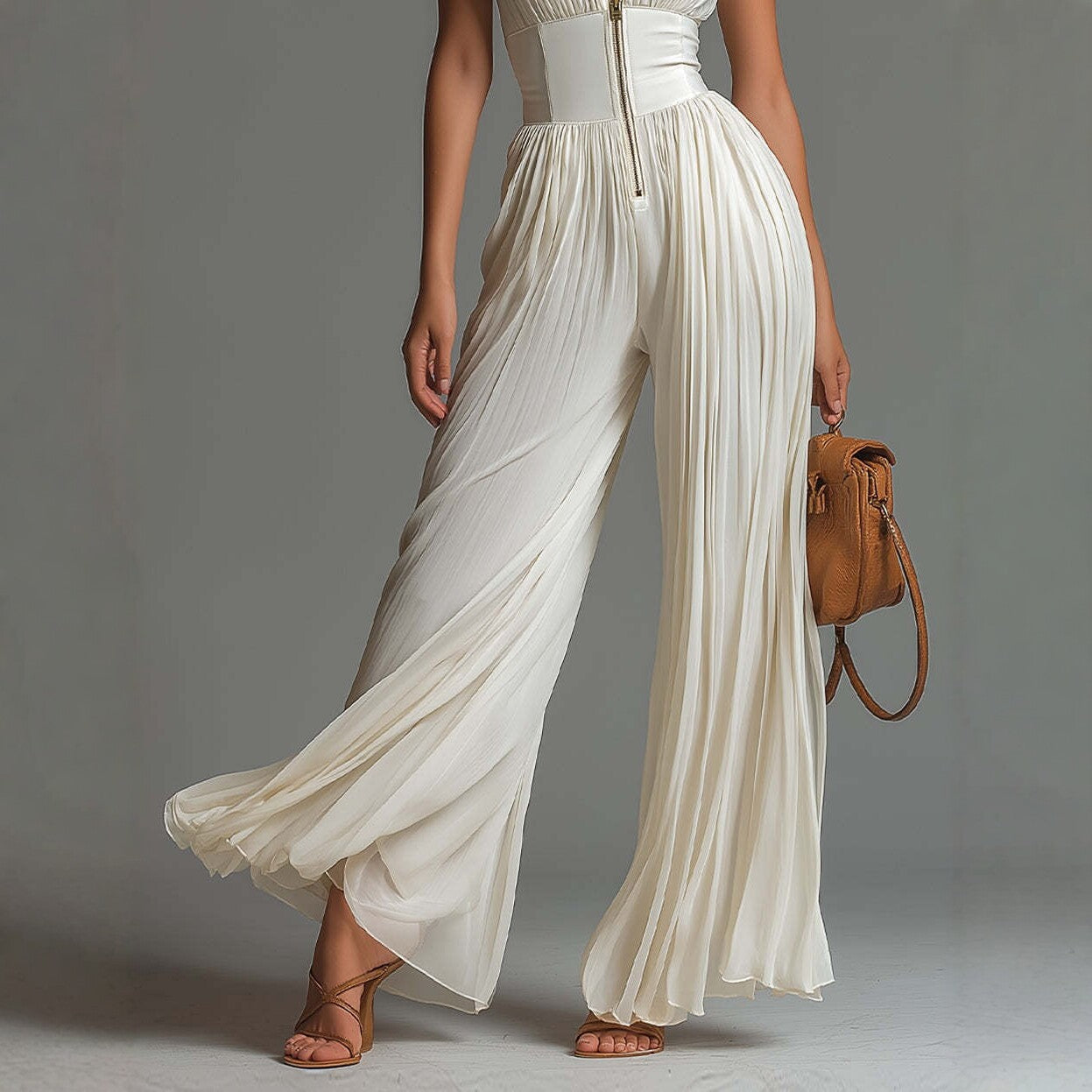 White Pleated Strap Neck Jumpsuit for Women, Long Wide Leg Fashion Sexy Folded Design eprolo