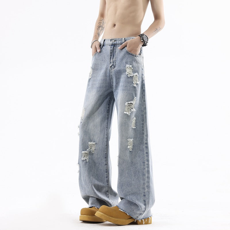Street Style Ripped Denim Pants Men Lightweight Straight Loose eprolo